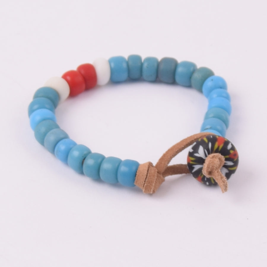 Hubb P.O.R Blue White & Red African Trade Beads Bracelet With Vintage Black Glass Bead