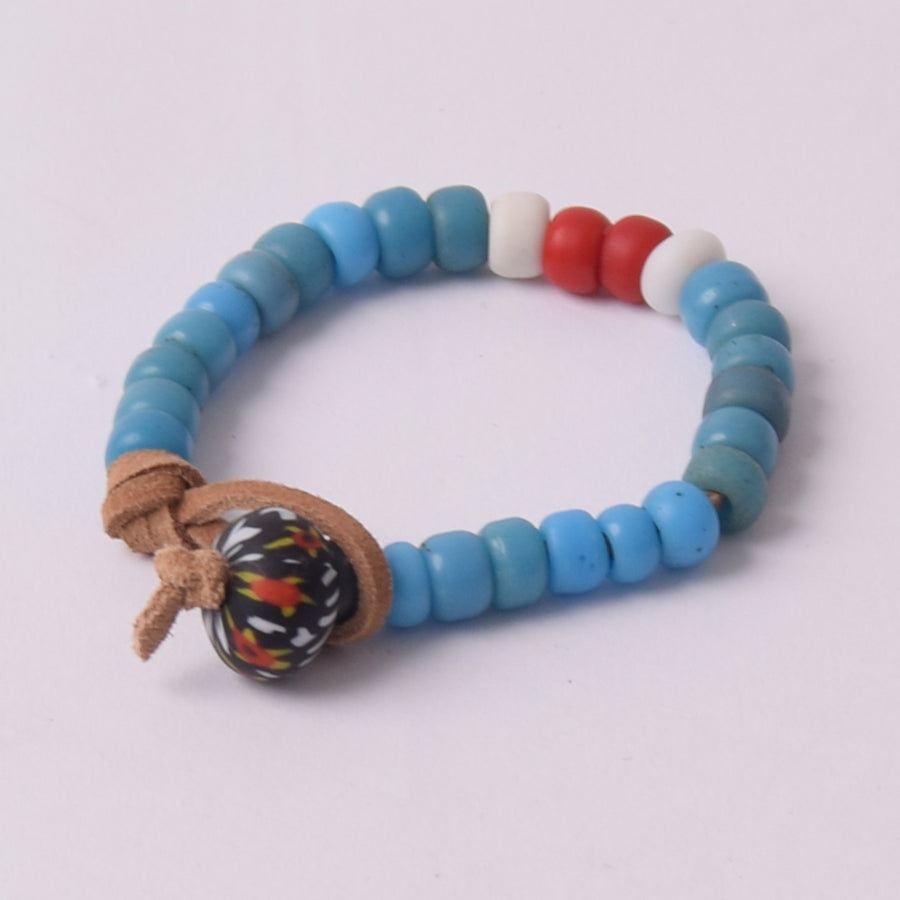 Hubb P.O.R Blue White & Red African Trade Beads Bracelet With Vintage Black Glass Bead