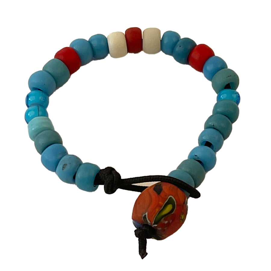 Hubb P.O.R Blue White & Red African Trade Beads Bracelet With Vintage Orange Glass Bead