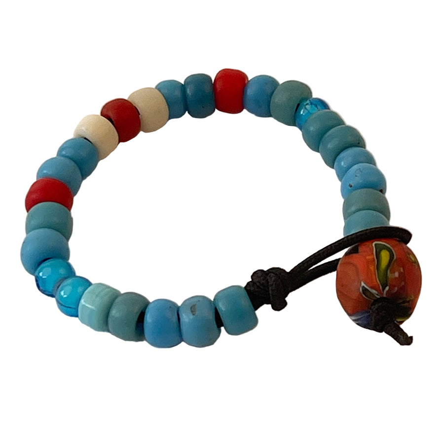 Hubb P.O.R Blue White & Red African Trade Beads Bracelet With Vintage Orange Glass Bead