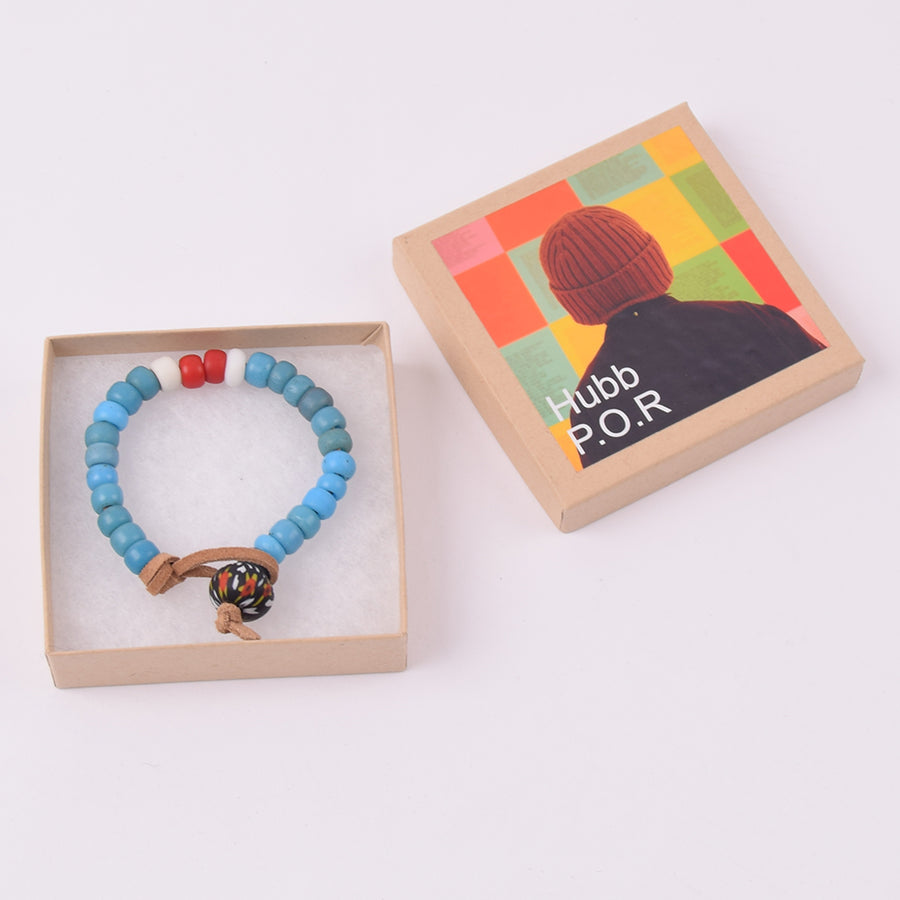 Hubb P.O.R Blue White & Red African Trade Beads Bracelet With Vintage Black Glass Bead