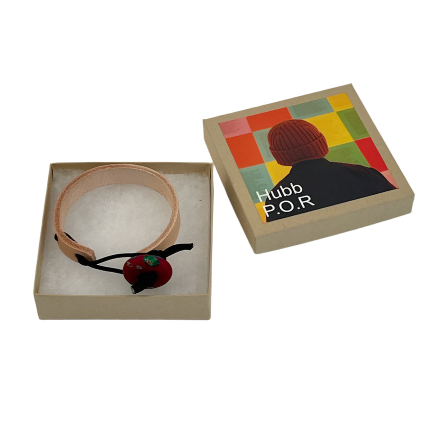 Hubb P.O.R Leather Cuff Bracelet With Vintage Red Glass Bead
