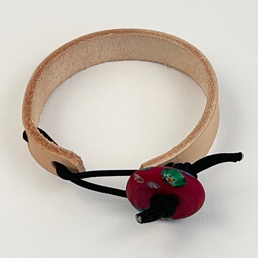 Hubb P.O.R Leather Cuff Bracelet With Vintage Red Glass Bead