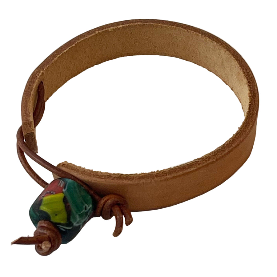 Hubb P.O.R Leather Cuff Bracelet With Vintage Green & Yellow Glass Bead