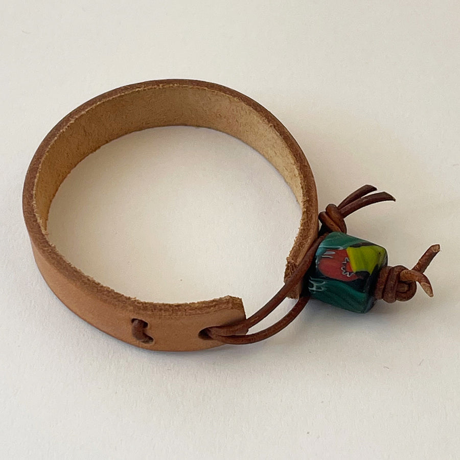 Hubb P.O.R Leather Cuff Bracelet With Vintage Green & Yellow Glass Bead