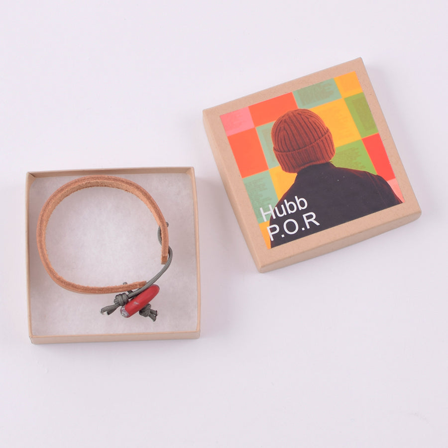 Hubb P.O.R Leather Cuff Bracelet With Vintage Red  Glass Bead