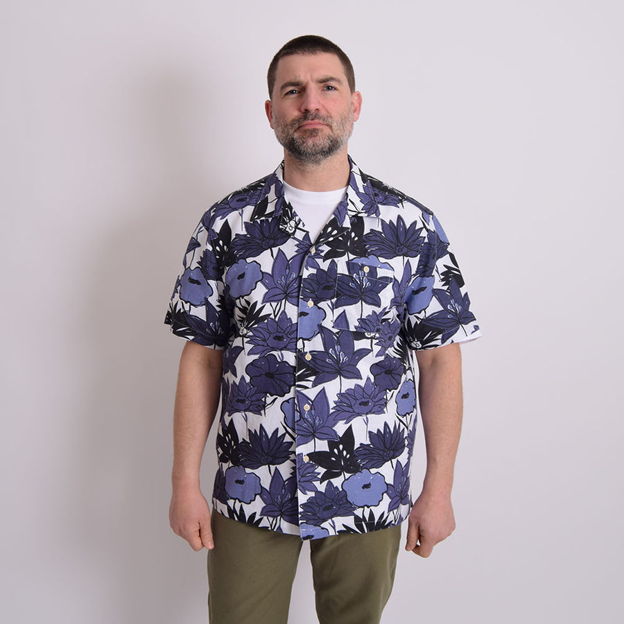 Far Afield Navy Linen Flower Collage Print Selleck Shirt