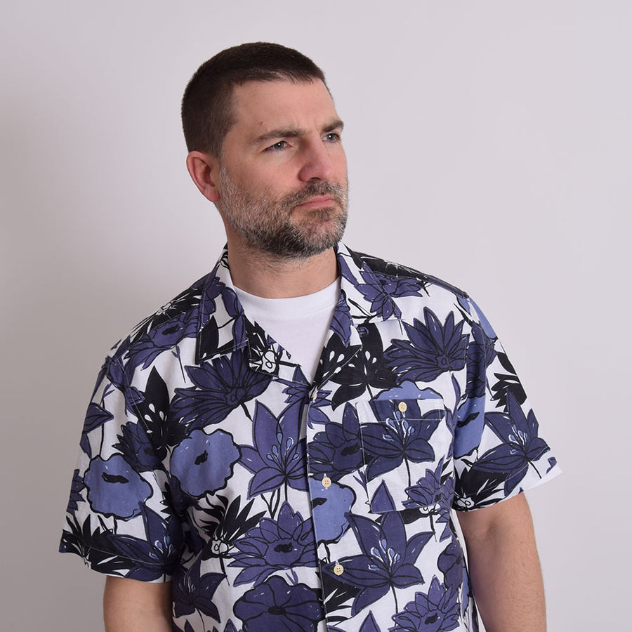 Far Afield Navy Linen Flower Collage Print Selleck Shirt