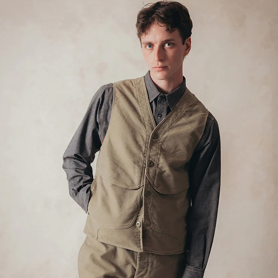 Nigel Cabourn Lybro Green Moleskin Work Vest (Pre-Order)