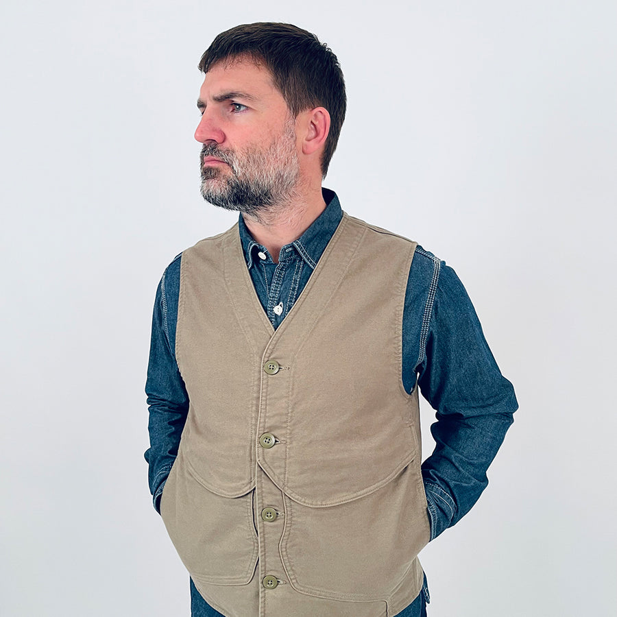 Nigel Cabourn Lybro Green Moleskin Work Vest