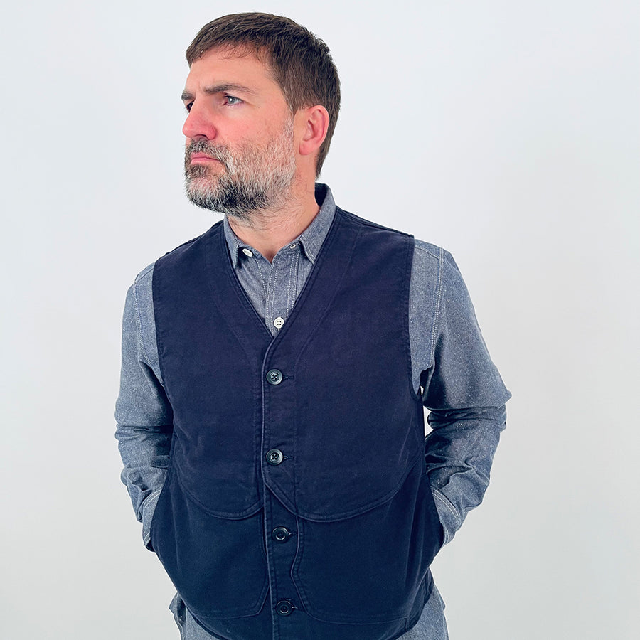 Nigel Cabourn Lybro Dark Navy Moleskin Work Vest