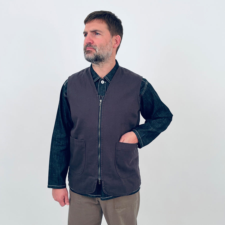 Uskees Charcoal Cotton Drill 2-Way Zip Pocket Vest