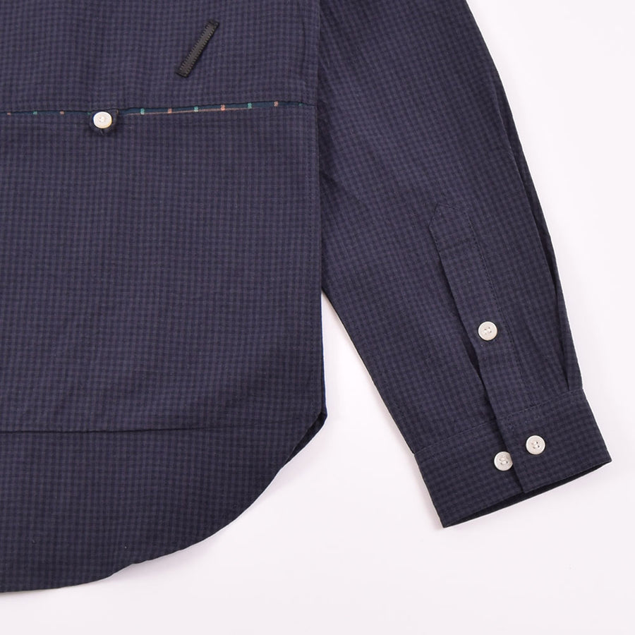 TMCAZ Teithwyr Navy & Black Check Collarless Shirt